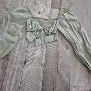 Verge Girl Crop Top Cutouts Balloon Sleeves Sage Green Smocked EUR 8-US 4/S